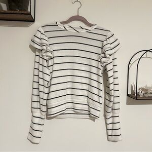 Evereve Tory Pullover Crewneck Sweater Ruffle Puff Sleeve Gray White Size Small